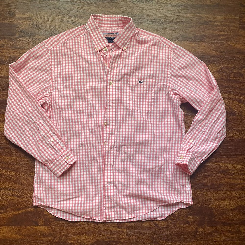 Vineyard Vines Pink and white checked long sleeve button down shirt
